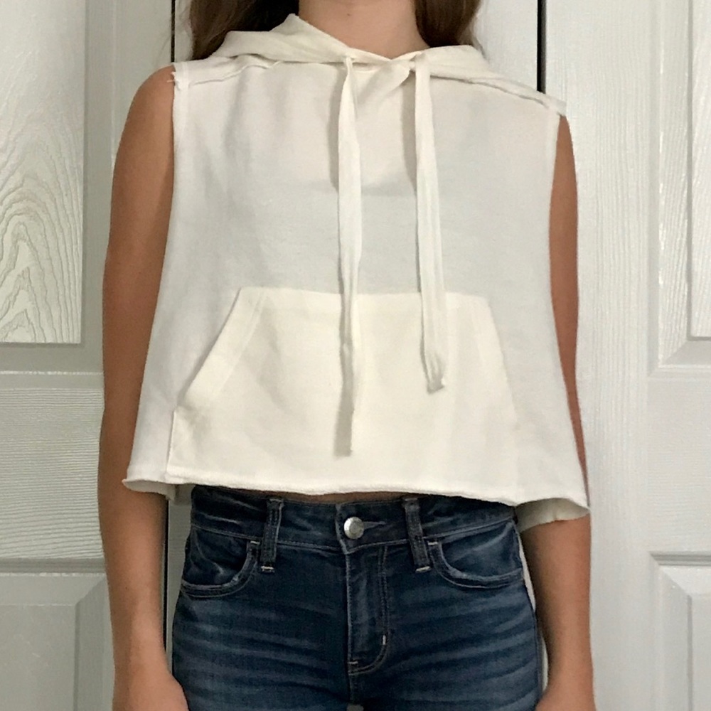 White Crop Top Cut Off Sleeve Sweatshirt